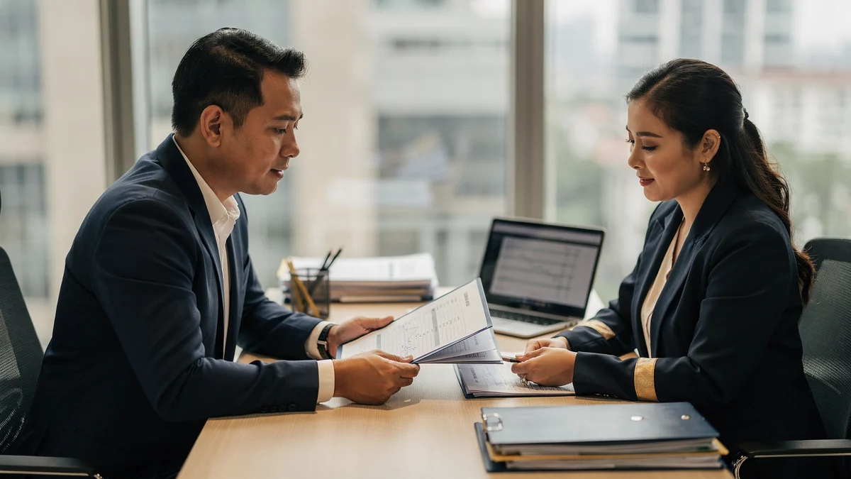 A Malaysian small-business director reviewing unaudited financial statements with a company secretary in a Petaling Jaya office