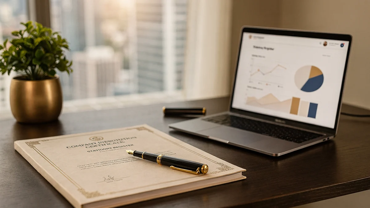 A company incorporation certificate and statutory register on a Petaling Jaya office desk, representing converting a sole proprietorship to a Sdn Bhd in Malaysia