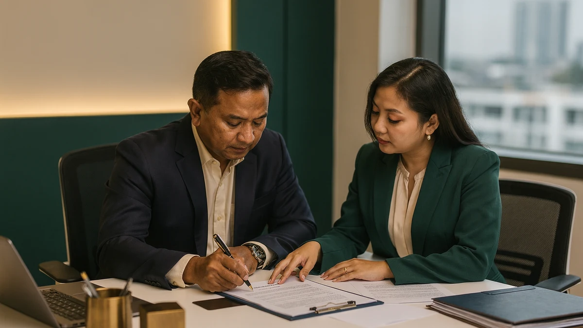 A director and a newly appointed company secretary reviewing a board resolution in a Kota Damansara office, Malaysia