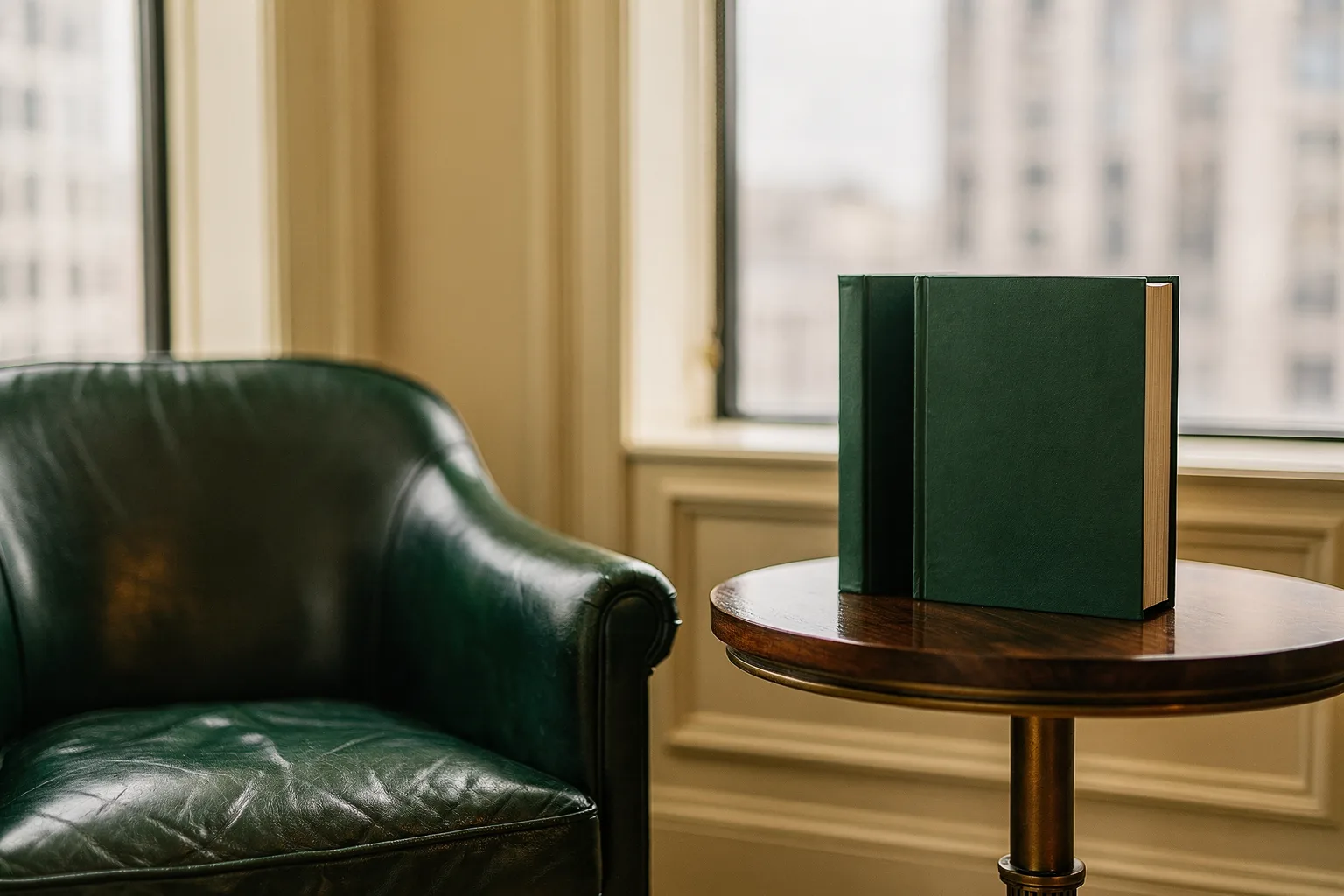 A quiet corner of the firm's office — minute books beside a window over the city