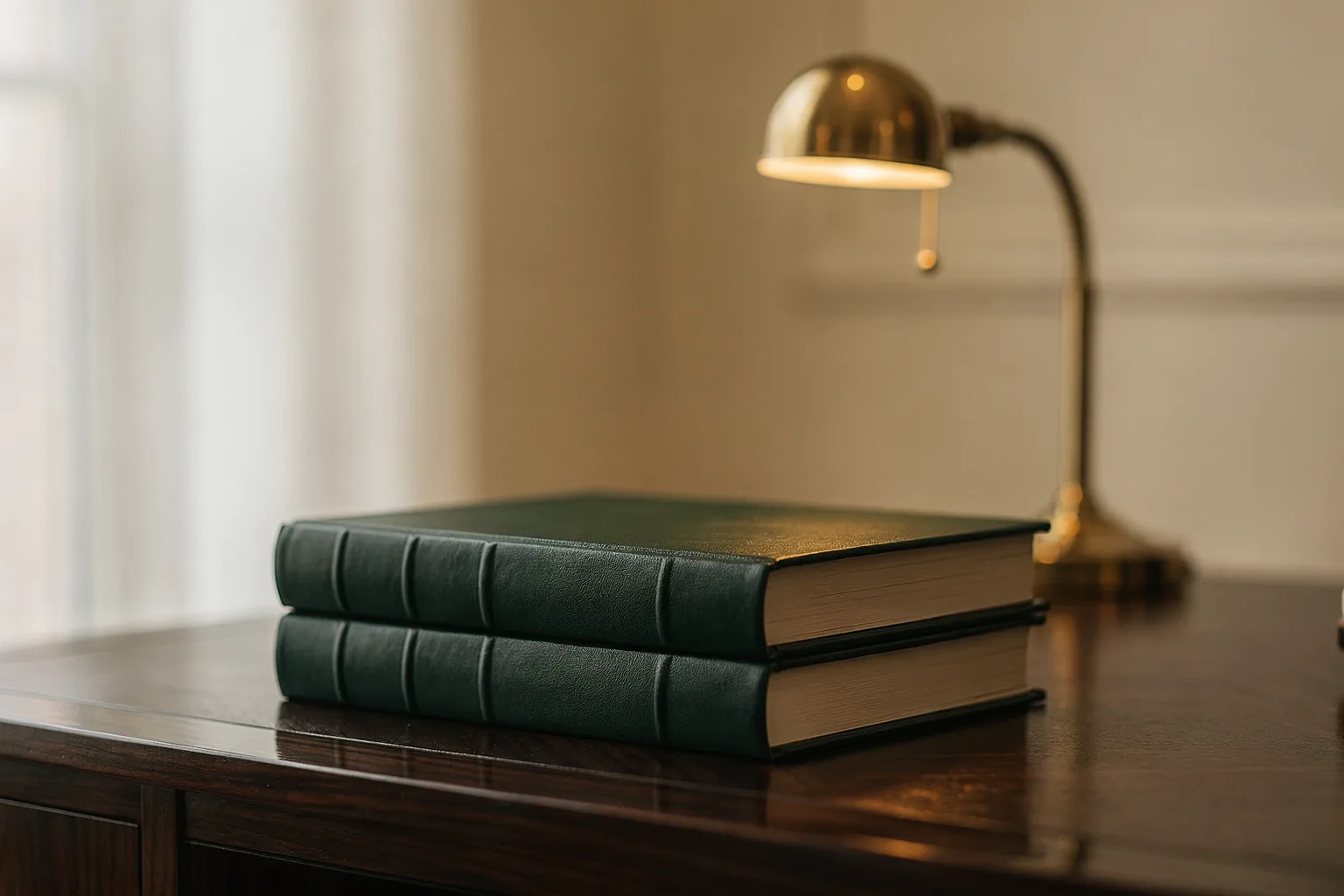 Statutory register books bound in deep green leather on an executive desk