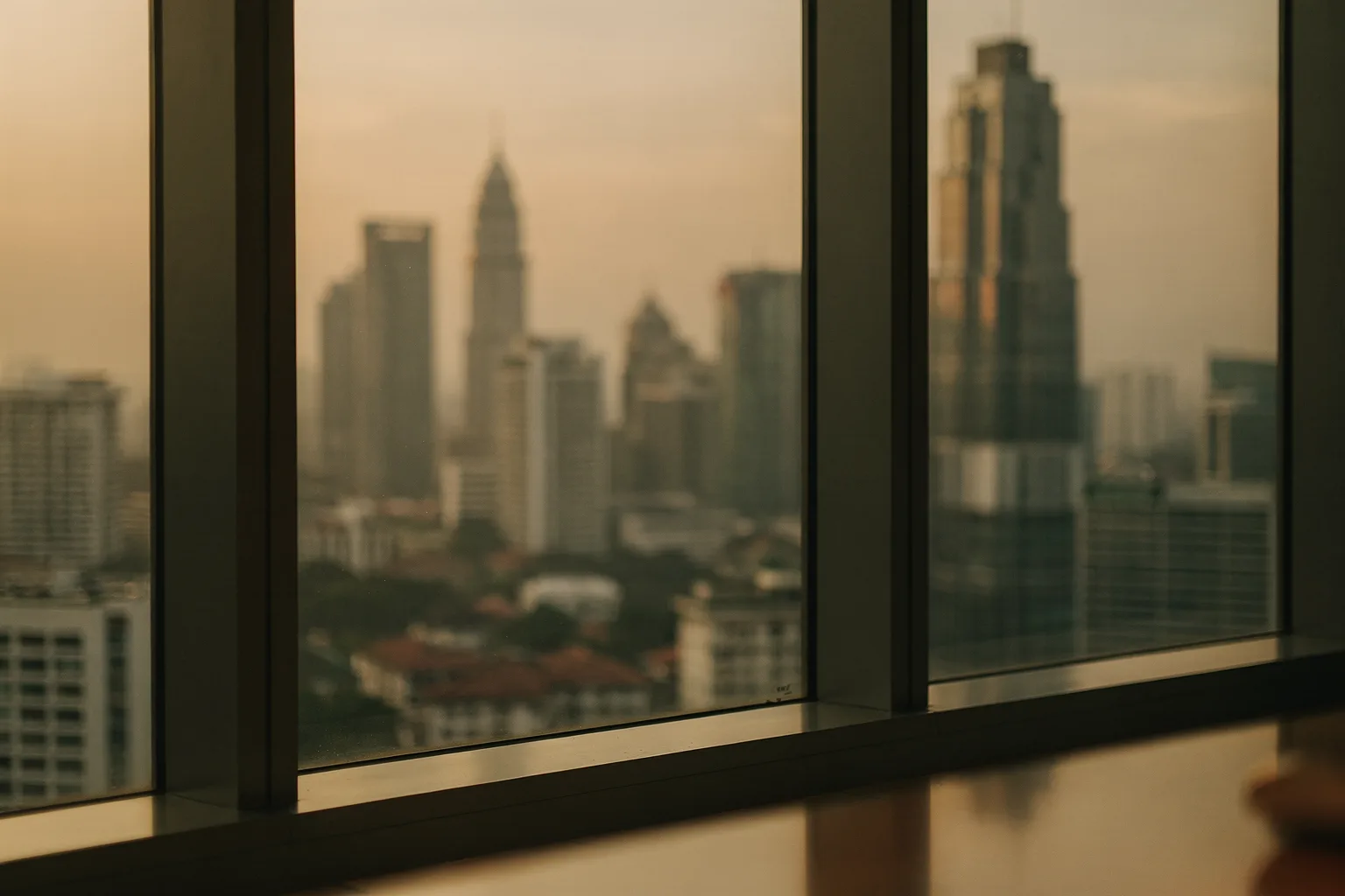 The Petaling Jaya skyline at dusk from a high office window