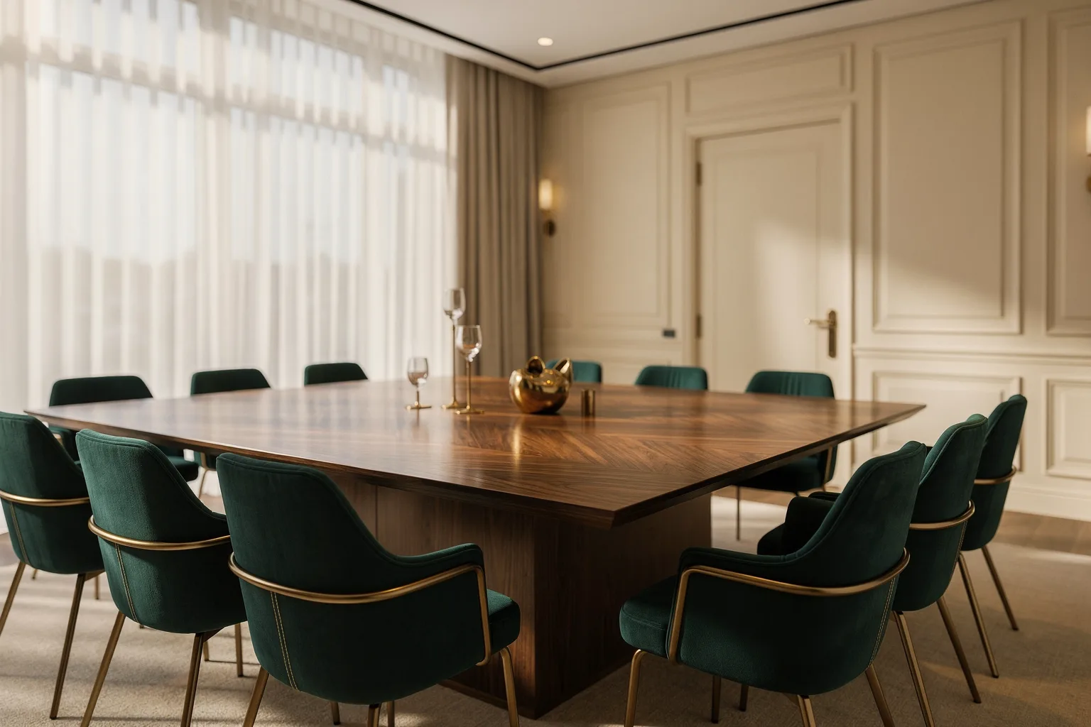 An elegant boardroom with a long walnut table and deep green chairs