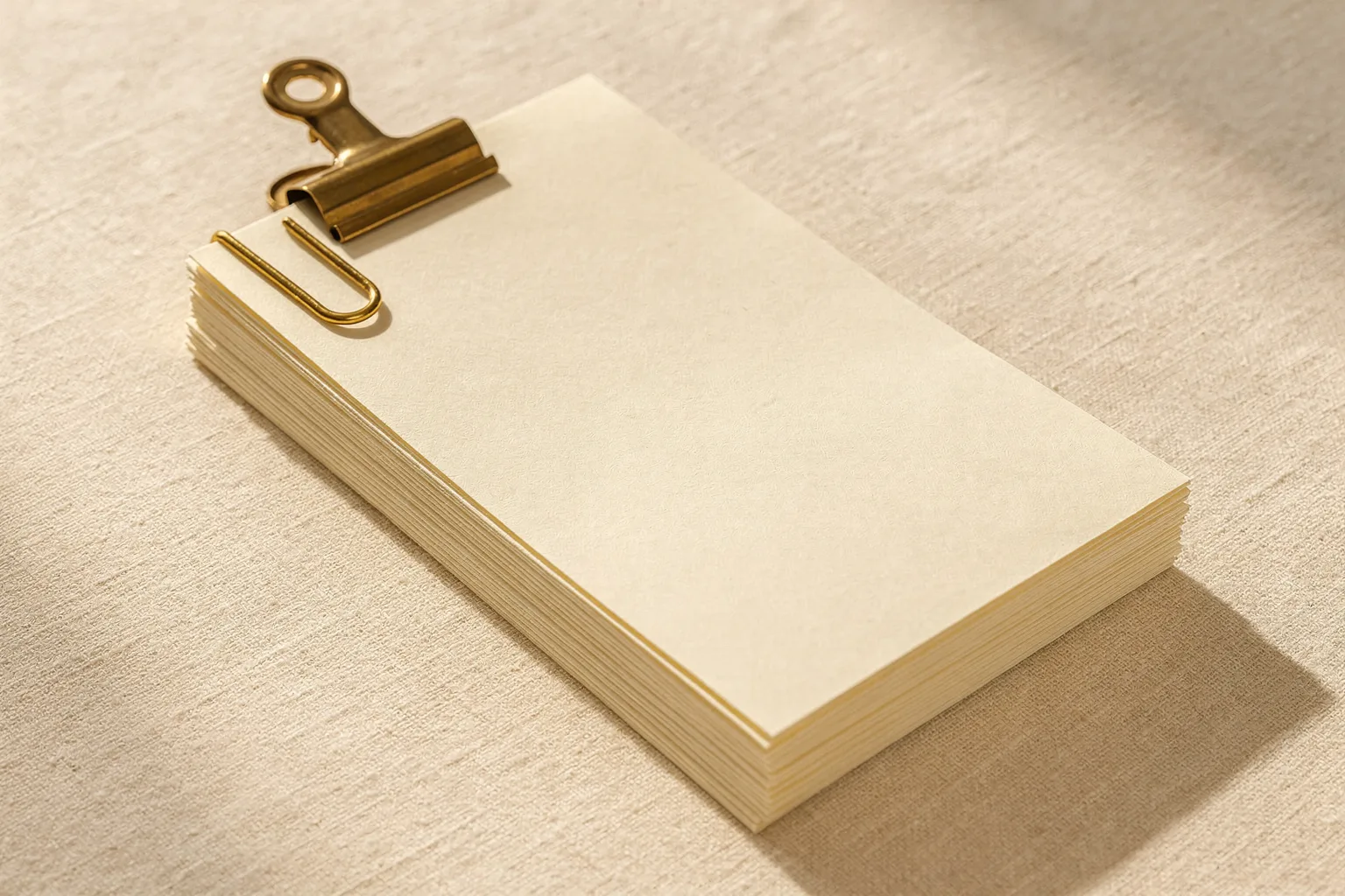 A neat stack of legal documents held by a brass clip