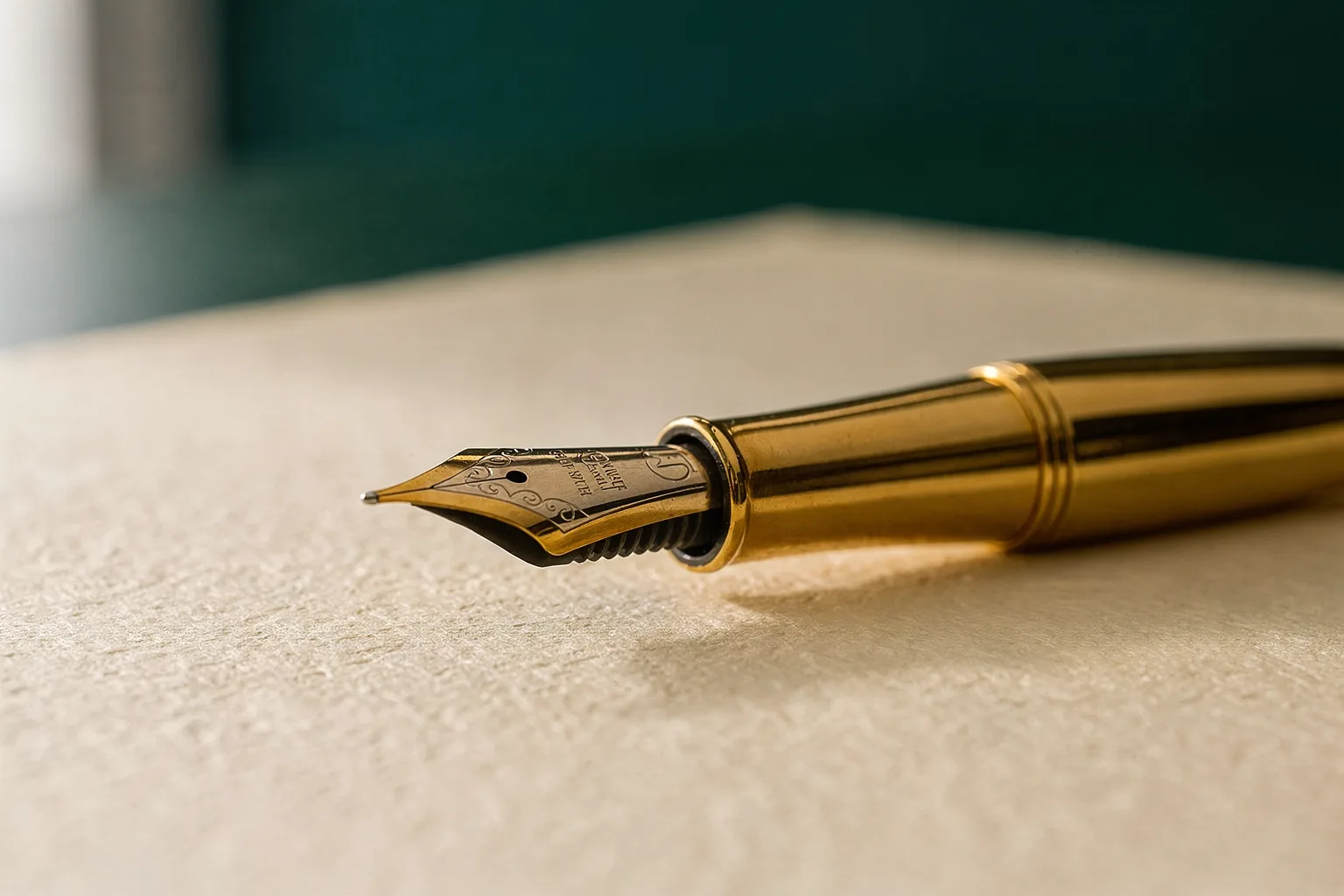 A fountain pen nib resting on thick cream paper