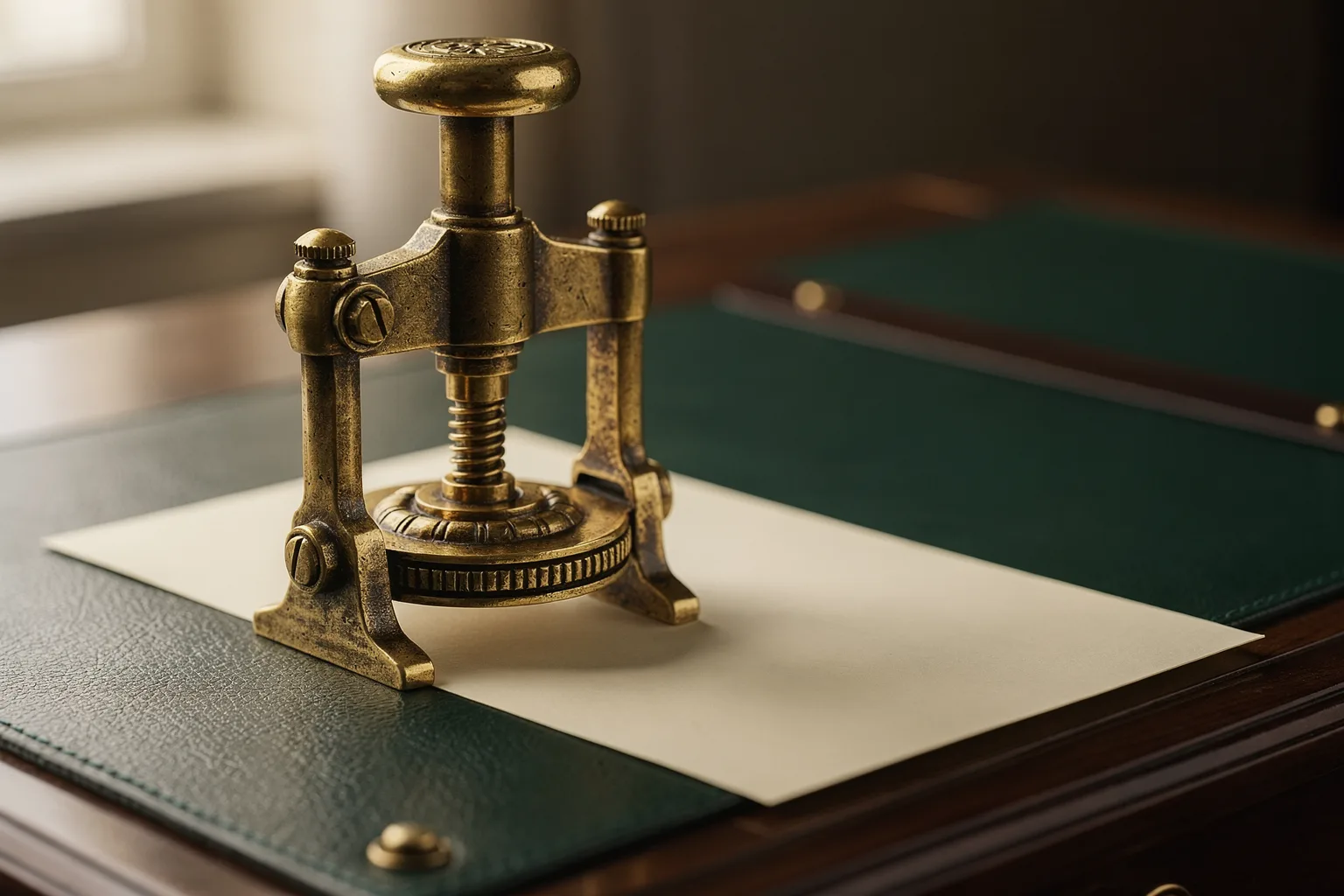A brass embossing seal press on a green leather desk pad