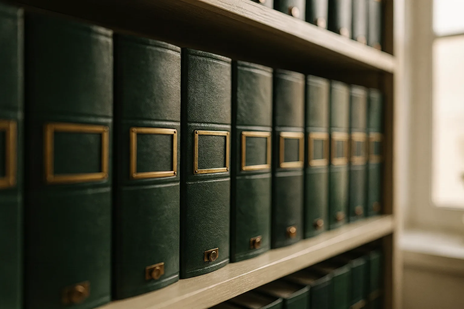 An archive wall of green ledgers with brass label frames