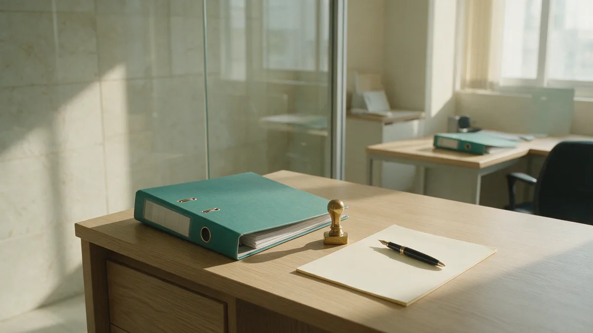A tidy light-oak desk with a sea-green ring binder, a brass company seal stamp and a fountain pen, with a second office desk visible through a glass partition behind it