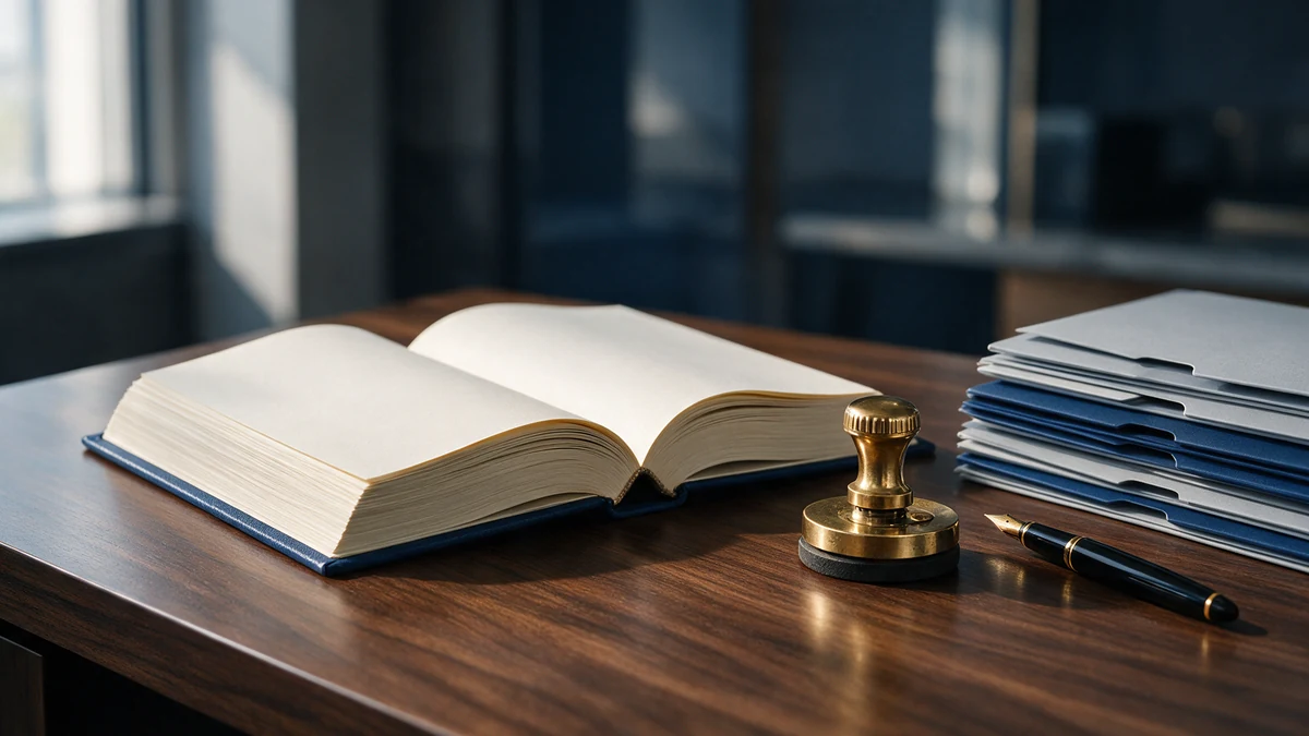 An open statutory register book, brass company seal and document folders on a desk in a Malaysian corporate secretarial office