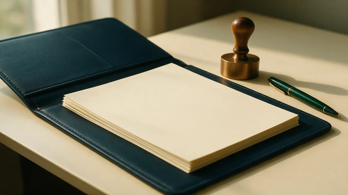 A navy leather document folder open on a cream desk holding a stack of blank cream paper, with a plain bronze desk stamp and a green fountain pen beside it