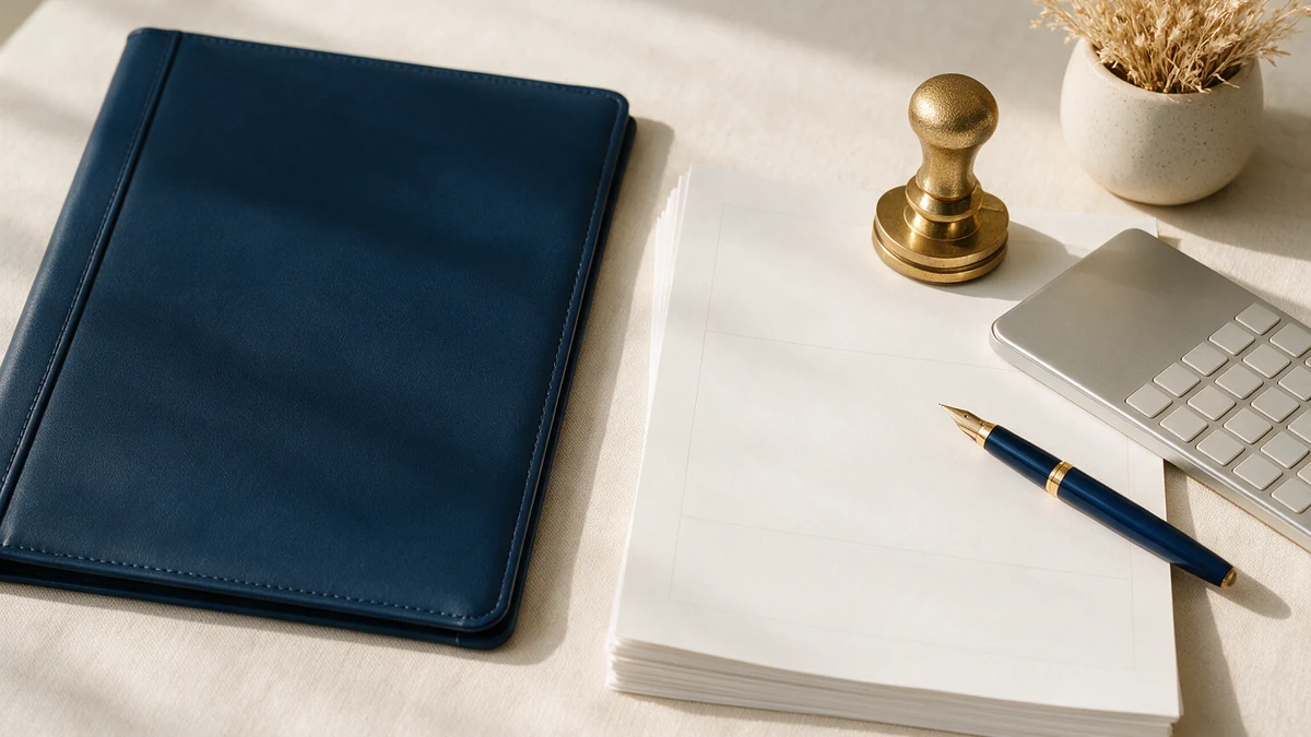 Navy document folder, brass company seal, keyboard and blank statutory forms on a corporate secretarial desk