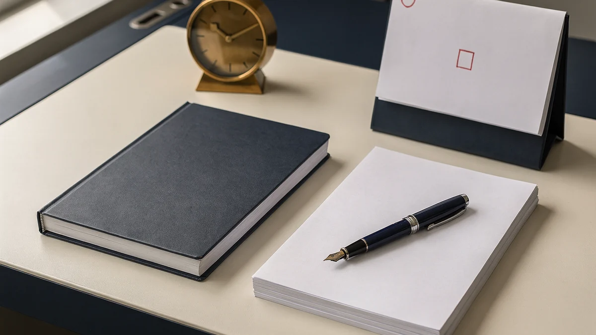 Statutory register book, blank documents with a fountain pen and a desk clock — SSM annual return filing for a Sdn Bhd
