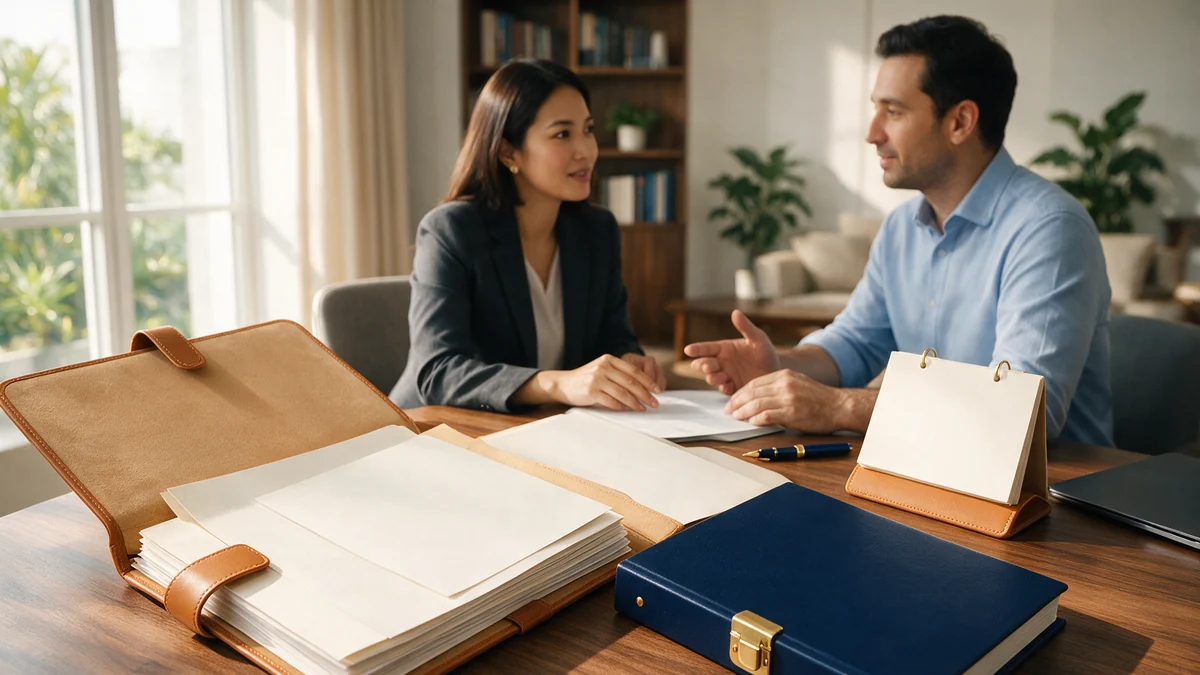 A company secretary and a newly appointed Sdn Bhd director reviewing incorporation documents and a statutory register book